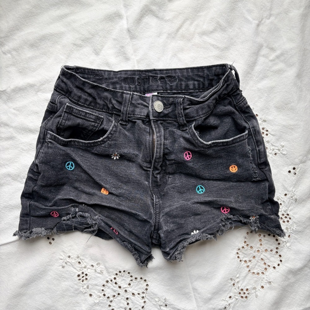 Justice Peace Embroidered Design Denim Mini Mom Shorts Size 14 Girls Teen